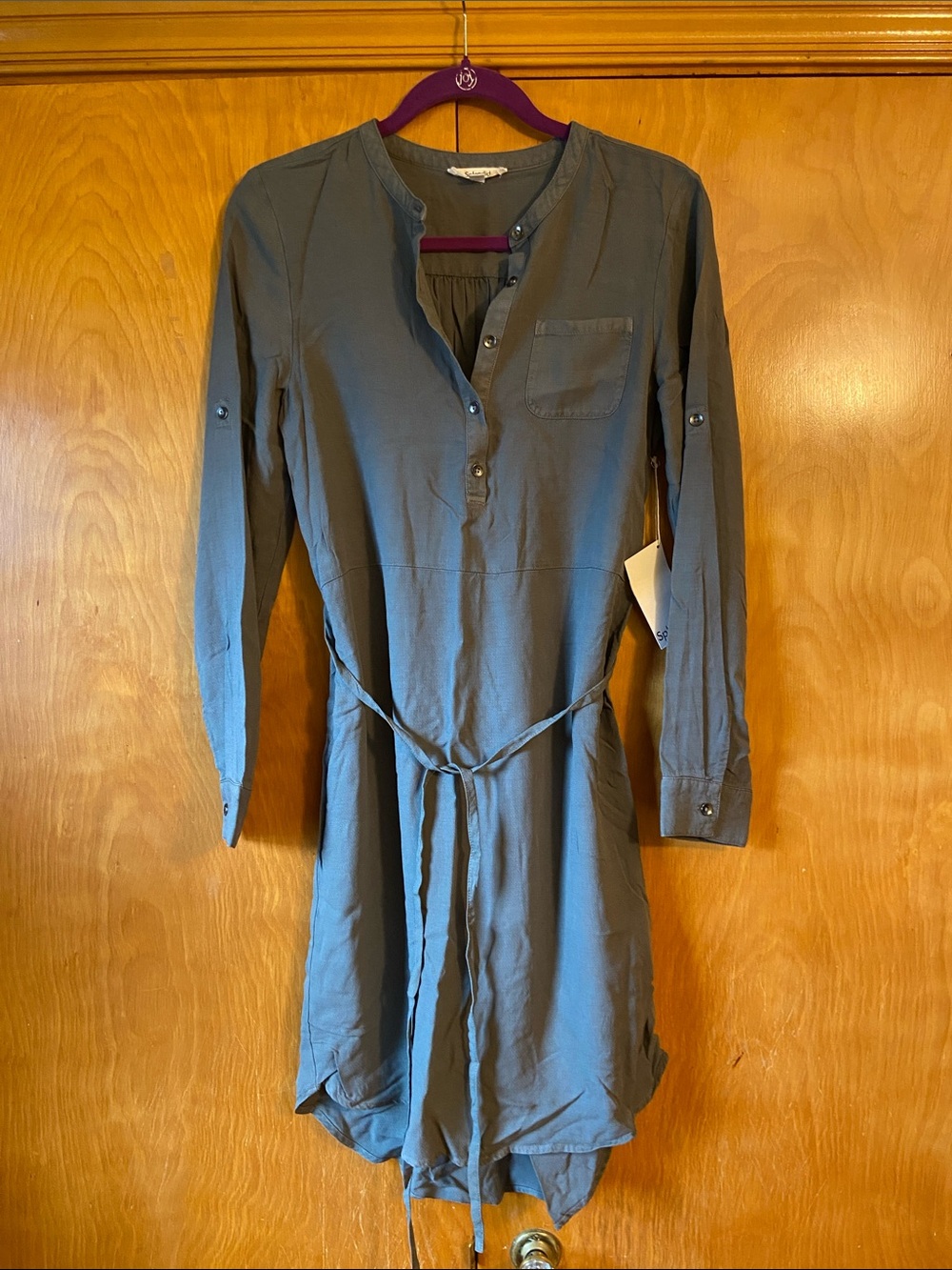 Splendid Olive Green Long-Sleeve Shirt Dress with Waist Tie